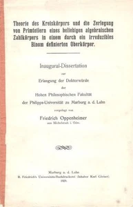 Oppenheimer, Friedrich: Theorie des Kreiskörpers und die Zerlegung .. . 1929. - Bild 1 von 1