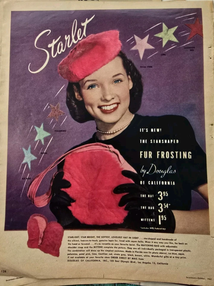 1947 Mujer Rosa Douglas Piel Frosting Monedero Sombrero Mitones Vintage Moda Anuncio  Foto 1 de 1