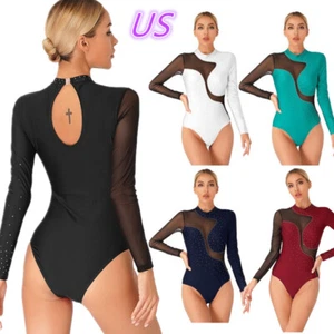 US Women Rhinestone Ballet Dance Leotard Mesh Long Sleeve Gymnastics Leotards - Picture 1 of 43