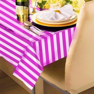 Metallic Plastic Rectangular Hot Pink & White Stripe Table Cover Tablecloth - Picture 1 of 1