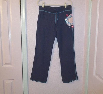 Vtg Y2K No Boundaries Sweatpants Size M Wide Leg Pull On Cobalt Heart Star 90s - Image 1 of 4