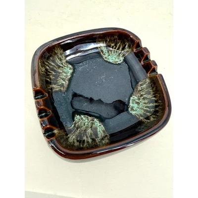 Vintage Mid Century Brown Glazed Ceramic Ashtray Square Retro Boho Decor MCM - Image 1 of 4