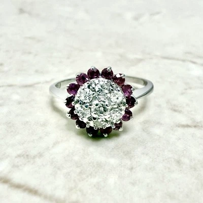 14K Diamond & Ruby Halo Ring - 14K White Gold Ruby Ring - Diamond Halo Ring - Image 1 of 4