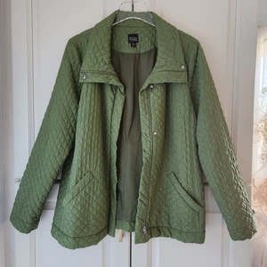 Chaqueta acolchada de seda Eileen Fisher M verde cremallera bolsillos a presión cuello con banda de pie - Imagen 1 de 16