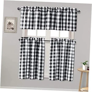 3 Piece Semi Sheer Kitchen Curtains - Light Filtering Buffalo Plaid Tier and - Picture 1 of 8
