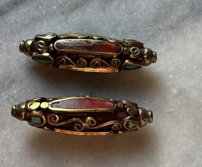 2pcs Tibetan Handmade Turquoise & Coral Brass Beads 37x11mm CC229 - Image 1 of 4