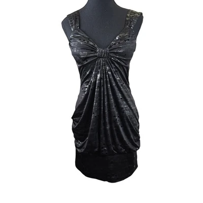 Vintage Taboo Y2K Black Sequined Ruched Party Dress Medium Bodycon NYE Metallic - Image 1 of 4