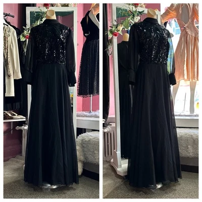 Maxi Vestido Formal de Anfitriona de Noche Vintage Años 60 70 Negro Lentejuelas Modesto M/L Foto 1 de 4