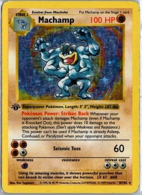 POKEMON 1999 BASE SET SHADOWLESS MACHAMP HOLO 1st EDITION 8/102 CARD - Image 1 of 2