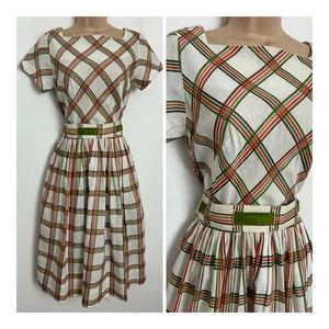 Vintage 50s CAROL RODGERS White Green Orange Check Print Belt Cotton Dress 8-10 - Picture 1 of 5