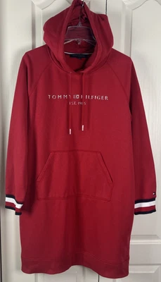 Tommy Hilfiger Womens Sz XL Hooded Sweatshirt Dress Logo Red Kangaroo Pocket C18 - Image 1 of 4