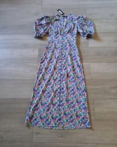Nasty Gal Pink & Blue Floral Dress Frill Button Front Midaxi Boho Retro UK6 - Picture 1 of 23