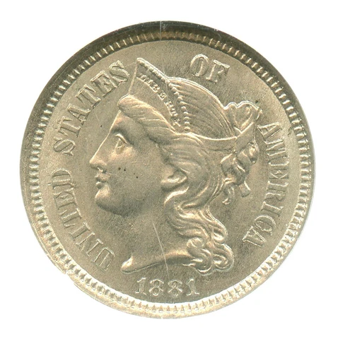 1881 Three Cent Nickel, NGC MS64 Cover