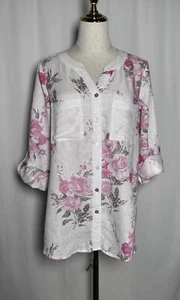Ali Miles Women Tunic Blouse Shirt Top Small Roll Tab Sleeve Button Linen Pink - Picture 1 of 13