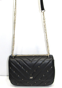 DKNY Shoulder Crossbody Bag Black Quilted Studded Convertible Silver-Tone Chain