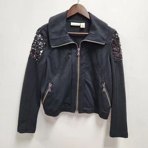 DKNY Jeans Womens Cropped Moto Jacket Sz M Sequined Black Goth Biker Baddie - Picture 1 of 11