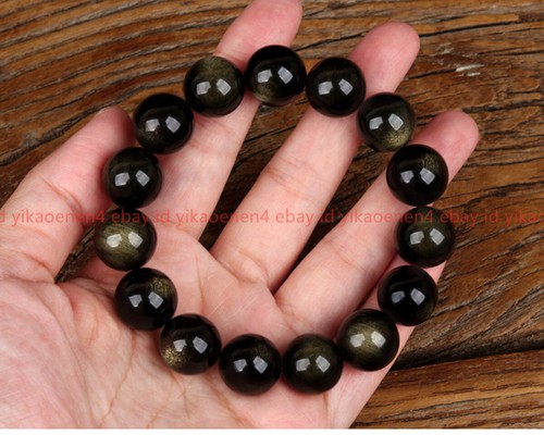 VALENTINO Fine Bracciale Perline Rotonde Oro 8 10 12 14 mm Gemme Ossidiana Nera 7 5 pollici