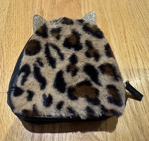Bath & Bodyworks Makeup Bag Fuzzy Leopard Cat Ears Zip Around Black Gold Giltter - Picture 1 of 6