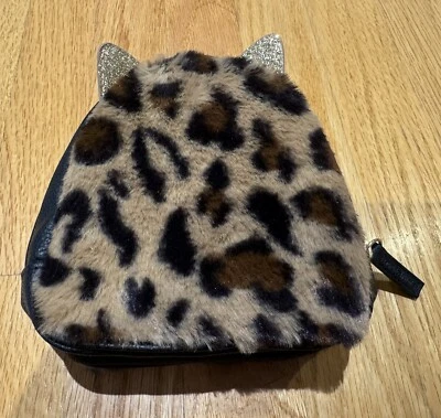 Bath & Bodyworks Makeup Bag Fuzzy Leopard Cat Ears Zip Around Black Gold Giltter - Image 1 of 4