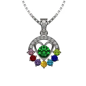 Heart in Circle Birthstone Mothers Necklace in Solid Sterling Silver - Picture 1 of 14