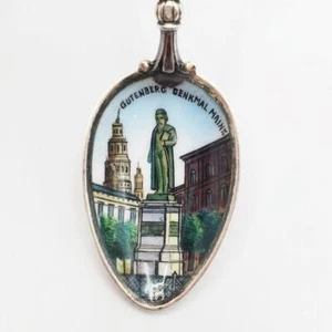 Gutenberg Denkmal Mainz Frankreich 800 Silber handbemalt Emaille Andenken Löffel - Bild 1 von 5