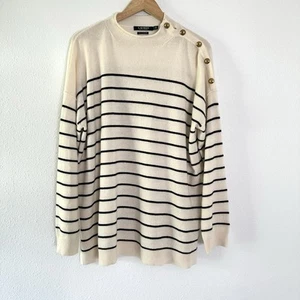 Ralph Lauren Sweater 100% Cashmere Womens XL Striped Nautical Gold Button Ivory - Picture 1 of 9