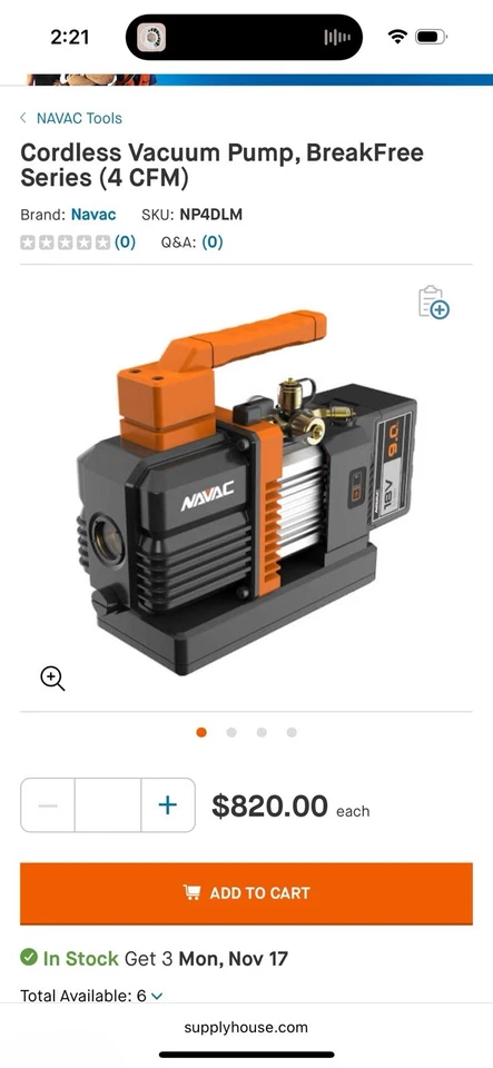 Bomba de vacío inalámbrica NAVAC NP2DLM 2 CFM sin roturas con batería compatible con A2L Foto 1 de 3