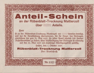 (Nr. 277 ) Anteil-Schein, Rübenblatt-Trocknung Mattierzoll, 1927 - Bild 1 von 1