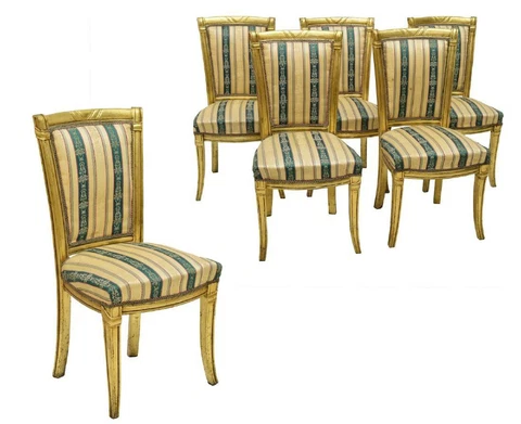 Chairs, Side, Italian Carved Giltwood, Set of 6, Upholstered, Green and Beige! Cover