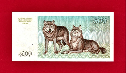 RARE 500 TALONAS 1993 LITHUANIA UNC BANKNOTE (Pick-46a) Prefix JB - Gray Wolves Cover