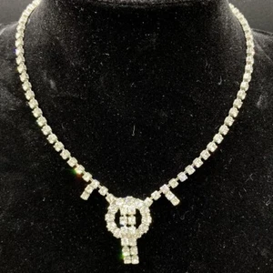 Vtg Silver Tone Clear Rhinestone Prong Set Collar Necklace Prom Wedding 15" Long - Picture 1 of 6