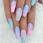 False nails Coffin Blue Purple Pink Glitter Gradient 24pk+ FREE nail tabs BN536