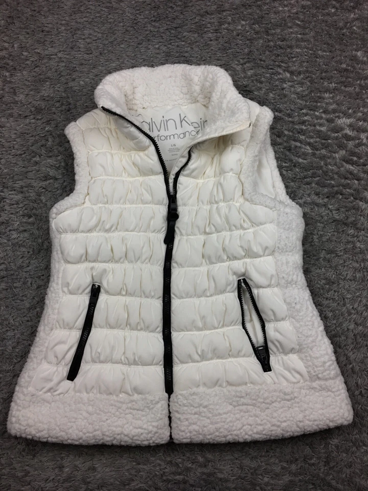 Calvin Klein Performance Sherpa Trim Puffer Chaleco Chaqueta Mujer Grande Blanco Repelente Foto 1 de 4