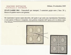 1861 Sardegna - Blocco francobolli per stampati 2 c. Diena certificato Bottacchi - Foto 1 di 3