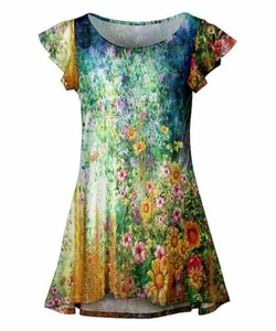 Lily Top Yellow & Below Impressionist Floral Flutter Sleeve Tunic Size L 12/14  - Picture 1 of 8