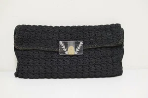 VINTAGE 1930s/40s Black Corde Crochet Oversized Purse Clutch Carved Lucite Clasp - Picture 1 of 6