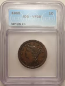 1855 Large Cent Braided Hair ICG VF 20 Upright 5's BROWN! - Picture 1 of 4