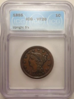 1855 Large Cent Braided Hair ICG VF 20 Upright 5's BROWN! - Image 1 of 4