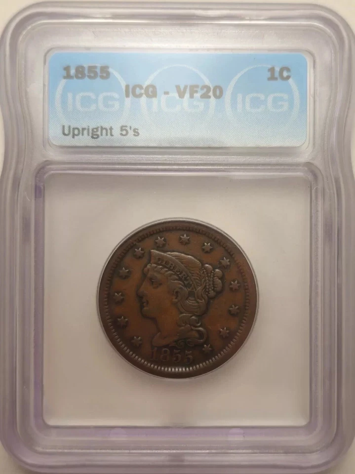 1855 Large Cent Braided Hair ICG VF 20 Upright 5's BROWN! - Image 1 of 4