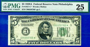 1928A $5 Federal Reserve Note PMG 25 PMG 12 known Philadelphia star Fr 1951-C* - Picture 1 of 3