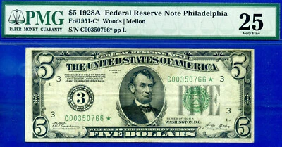 1928A $5 Federal Reserve Note PMG 25 PMG 12 known Philadelphia star Fr 1951-C* - Image 1 of 3