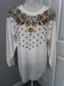 VINTAGE~VICTORIA HARBOUR~HEAVILY BEADED + EMBELLISHED PULLOVER L/S SWEATER~LARGE - Picture 1 of 11