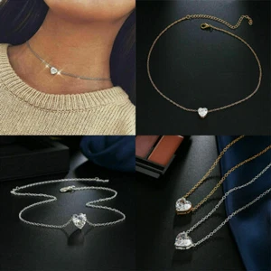 Women's Necklace Gold/Silver Choker Heart Crystal Necklace Elegance Pendant - Picture 1 of 13