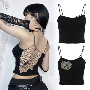 Chaleco sin espalda de tela de araña para mujer gótico estilo oscuro camisola de verano con almohadillas para sujetador - Imagen 1 de 12