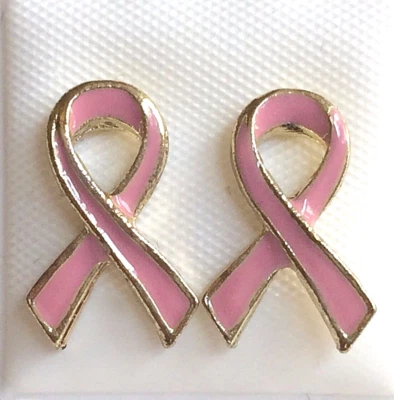 Gold Pink Ribbon Earrings Breast Cancer Awareness Stud Post Pierced Plated - Image 1 of 4