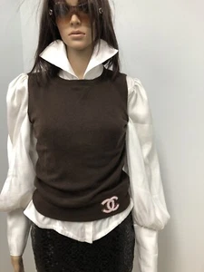 CHANEL 2001 BROWN Knit Cashmere Top CC Logo Sz.S-M (38) - Picture 1 of 7