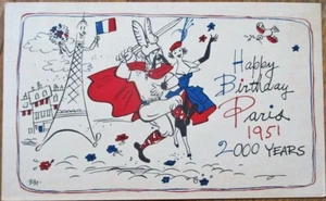 Paris, France 1951 EM/Artist-Signed Postcard: Happy Birthday 2000-Years - Picture 1 of 1