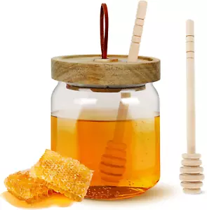 Honey Pot with Dipper and Acacia Wooden Lid - 18 Oz Sealed Glass Honey Jar with - Picture 1 of 12