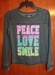 SO Girls' Sz 16 LIGHTWEIGHT SWEATSHIRT (gray; Peace Love Smile) EUC - Picture 1 of 1