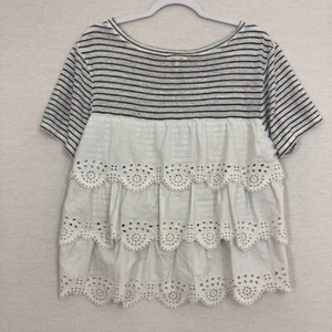 Joie Black White Striped Lace Scallop Tiered Back Linen Boho Top Medium - Picture 1 of 9